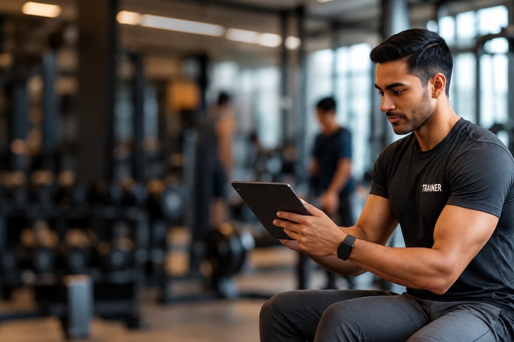 A trainer reviewing a meal plan on a tablet in the gym